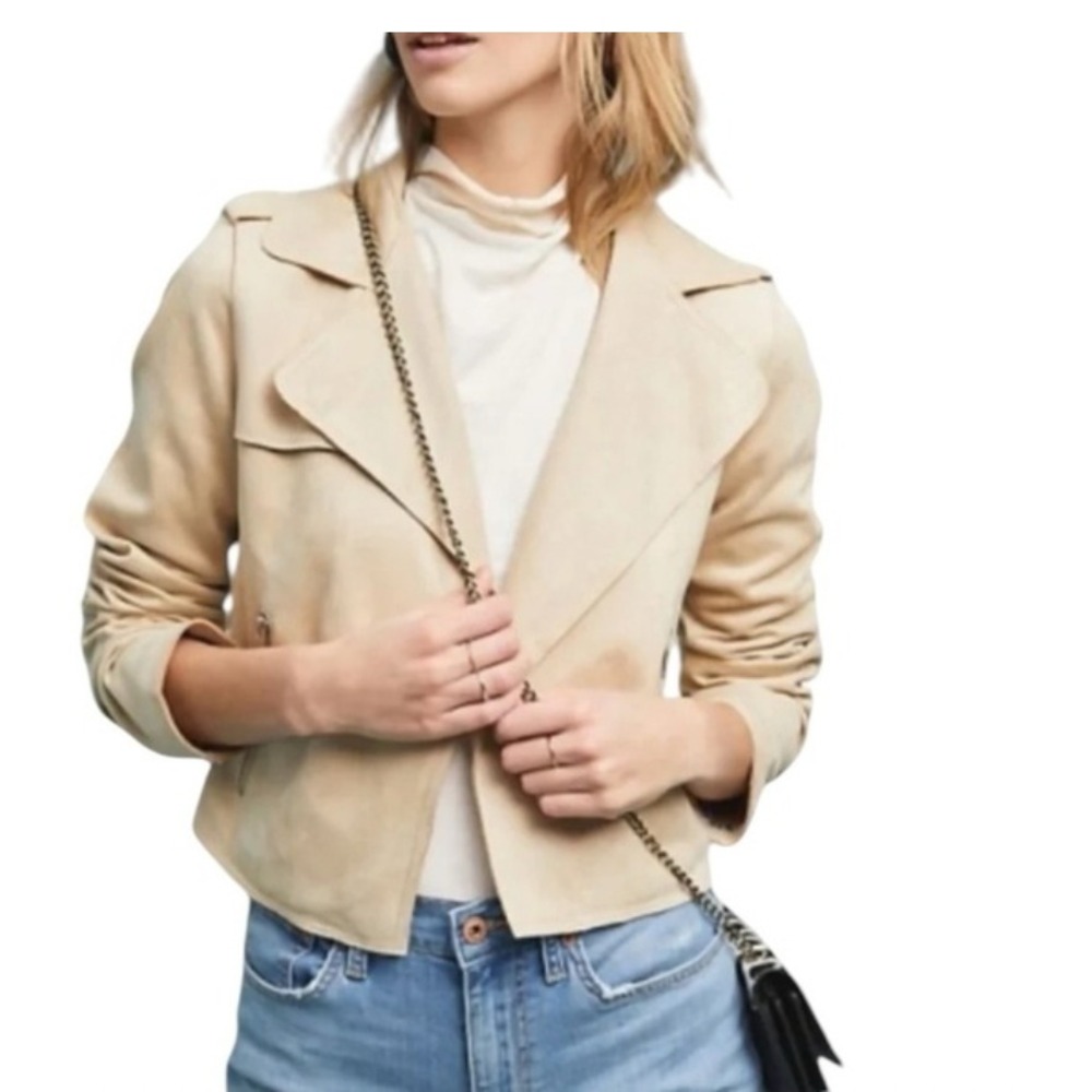 Anthropologie Micro Suede Moto Jacket Open Front Womens Small Tan Cropped Moto